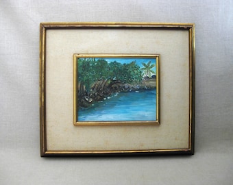 Tropical Landscape Painting, Original Palm Trees Framed Vintage Wall Art Beach House Décor