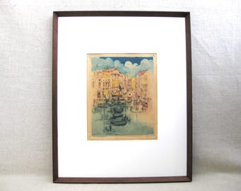 Vintage Etching Architectural Piccadilly Circus, Hand Colored Framed