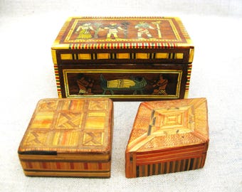 Egyptian Theme Trinket Box Collection, Group of 3, Vintage Small Desk and Office Storage and Organization
