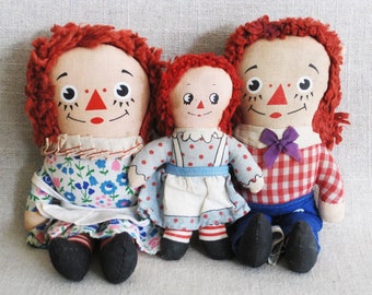 Vintage Mini Raggedy Ann and Andy Cloth Dolls, Group of 3 Kids Room and Nursery Décor