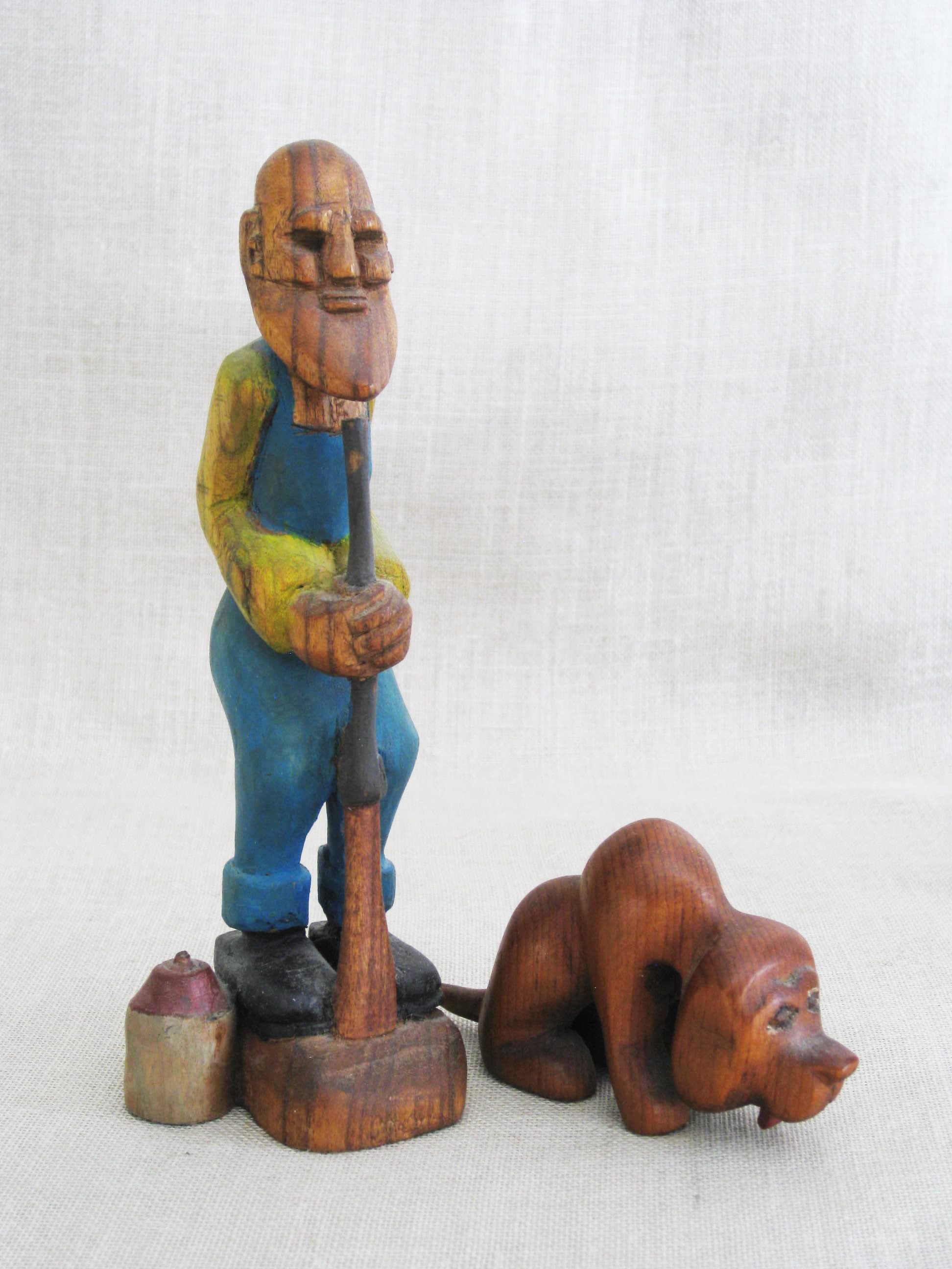Vintage Folk Art Wood Carving, Figural Sculpture, Hand Carved Male