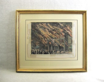 Engraving of Chicago Fire, Architecture Framed Hand Colored Original, Vintage Wall Art Historical