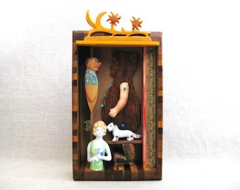 Shadow Box Assemblage Wall Sculpture, Male Portrait Table Top Art in Antique Box with Vintage Components