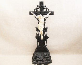 Vintage Standing Crucifix of Jesus Christ on the Cross European Religious Folk Art Home Altar Décor