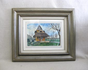 Vintage Architectural Landscape Painting, Framed Original Train Depot Watercolor Home Décor
