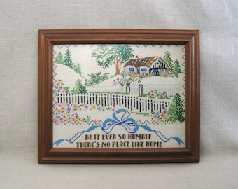 Vintage Hand Embroidery Cross Stitch No Place Like Home Framed Rustic Cabin Wall Décor