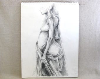 Contemporary Female Portrait Drawing, Original UNFramed Vintage Wall Art, Sara Drower Chicago, Home Décor