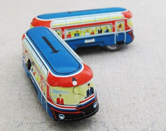 Vintage Tin Wind Up Double Bus Toy, Metal Train Cars, Litho Printed Antique Toys