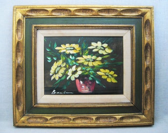 Original Vintage Flower Floral Still Life Painting Yellow Daisies Framed Fine Art Mid-Century Wall Décor