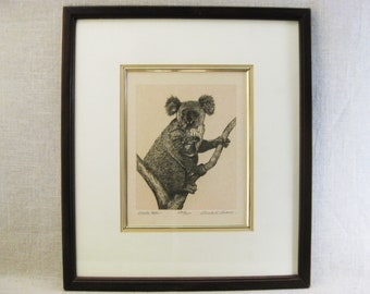 Koala Bear Etching, Signed Gerald L Lubeck, Original Nature and Wildlife Framed Vintage Wall Art, Animal Lover Gift