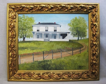 Antique House Portrait Landscape Painting, Framed Original Wall Art, Architectural Home Décor