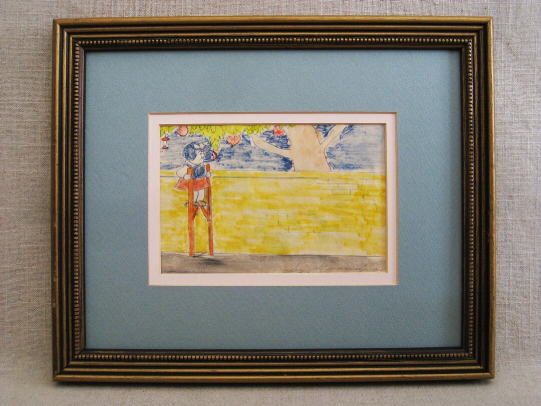 Vintage Female Portrait Folk Art Drawing Cartoon Comic Style Framed Original Wall Art Etsy