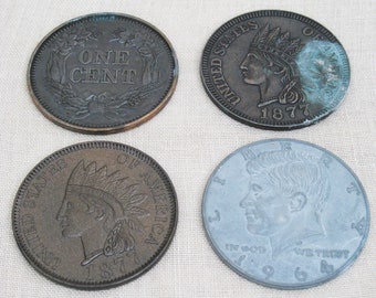 Vintage Over Sized Coins Toy 3 Inch Kennedy Dime Wheat Back Pennies Indian Head Pretend Currency