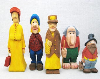 Folk Art Family Figure Carvings, Vintage Collection Male Portrait Rustic Cabin Home Décor