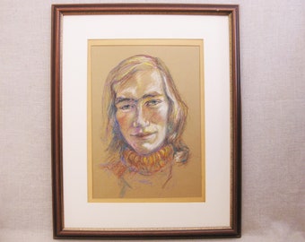 Mid-Century Male Portrait Drawing, Original Framed Vintage Wall Art Masculine Décor