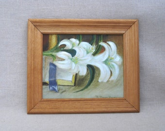 Vintage Flower Painting Easter Lilies on a Bible Mid-Century Naïve Religious Art Framed Original Wall Décor