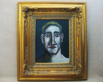 Classical Masculine Male Portrait Painting, Original Wall Art, Men Framed in Ornate Gold Frame