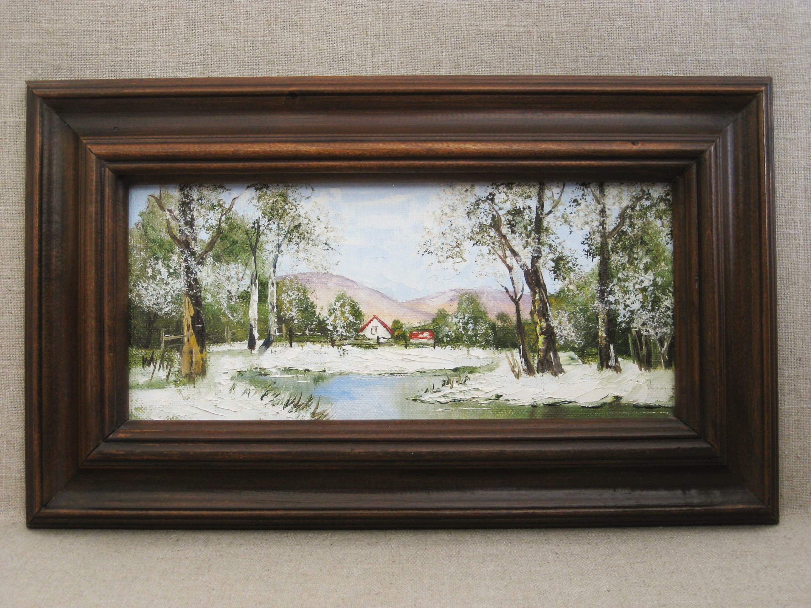Vintage Landscape Painting, Framed Original Fine Art, Winter, Four Seasons