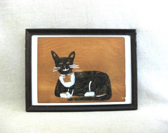 Vintage Folk Art Cat Painting Primitive Naïve Framed Original Rustic Farmhouse Décor