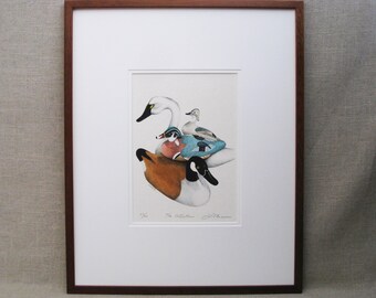 Vintage Duck Art Decoy Original Fine Art Print Lithograph by Laura Denardo Framed Cabin Décor