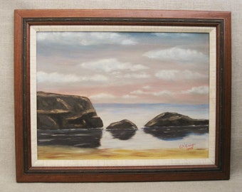 Moody Mid-Century Beach Landscape Painting, Original Framed Coastal Nautical Wall Art Décor
