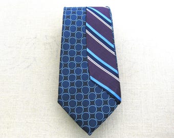 Upcycled Blue Striped Silk Neck Tie, Hand Embroidered Vintage Purple Preppy Men's Neckwear