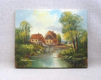 Rustic Country Landscape Painting, Original Vintage Rural Cottage House Wall Art Home Décor Gift