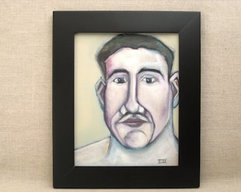 Framed Male Portrait Painting, Original OOAK Wall Décor in Modern Wooden Frame