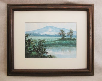 Asian Mountain Landscape Painting Original Watercolor, Framed Vintage Wall Art Décor