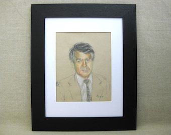 Contemporary Male Portrait Drawing, Original Pastel Charcoal, Framed Vintage Wall Art Masculine Home Décor Gift