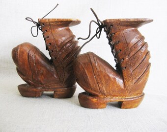 Folk Art Boot Carving Wood Sculpture, Vintage Miniature Pair Primitive Rustic Home Décor Hostess Gift