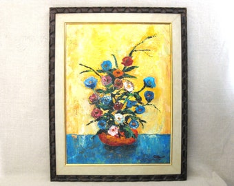 Large Colorful Floral Still Life Painting, Original Framed Mid-Century Wall Art Home Décor