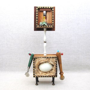 Surreal Folk Art Assemblage Figure, Portrait Wood Sculpture, Vintage and Antique Components Rustic Cabin Home Décor