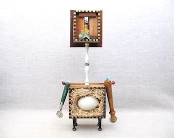 Surreal Folk Art Assemblage Figure, Portrait Wood Sculpture, Vintage and Antique Components Rustic Cabin Home Décor
