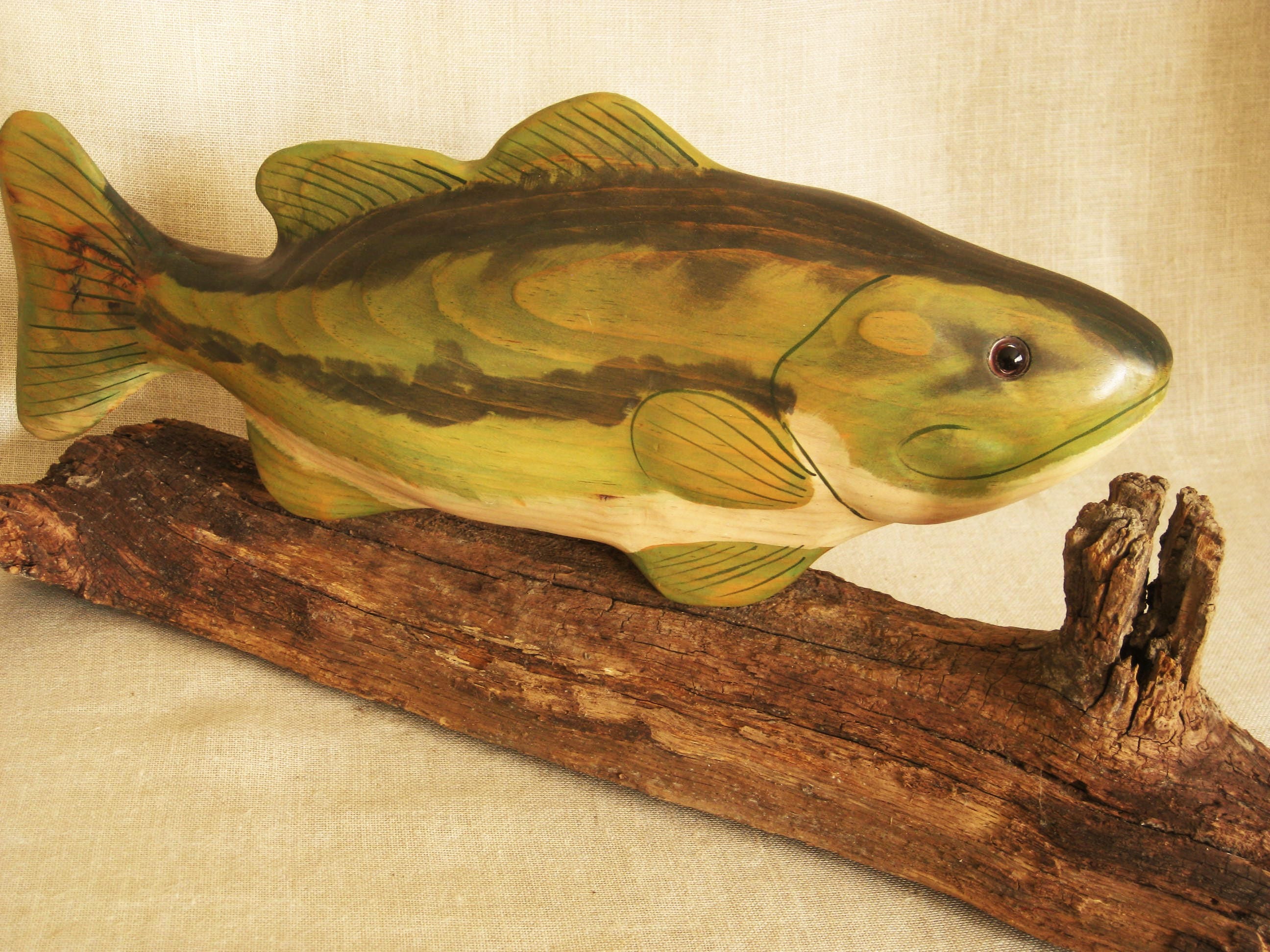 Vintage Hand Carved Wood Bass Sculpture, Folk Art Fish, Life Size, Hand