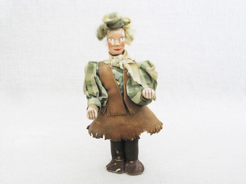 Folk Art Female Portrait Figure, Vintage Carved Wooden Doll, Rustic