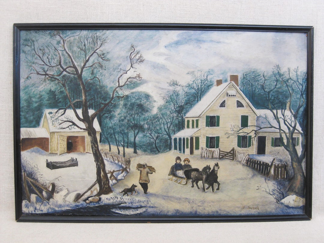 Vintage Folk Art Winter Landscape Painting Original Naïve for - Etsy
