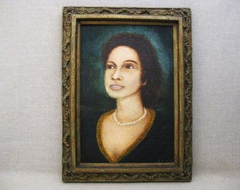 Vintage Female Portrait Painting by Rev. Joel D Hewlett Outsider African American Folk Art Framed Original