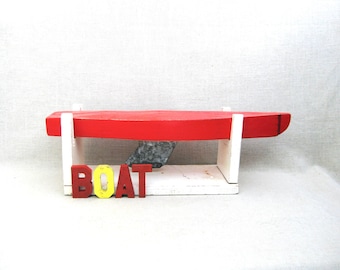 Wooden Toy Boat, Folk Art Vintage Pond Yacht, Display Stand, Hand Crafted Red Nautical Lakehouse Home Décor