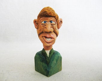 Vintage Male Portrait Folk Art Wood Carving, Small Carved Sculpture