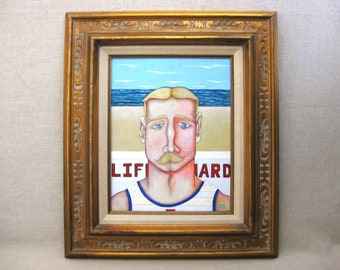 Male Portrait Painting Beach Landscape Framed Original Fine Wall Art Décor in Gold Frame Masculine Gift