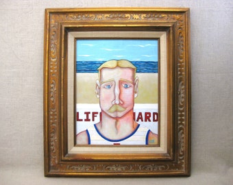 Contemporary Beach Male Portrait Painting, Original Landscape Framed Wall Art Home Décor Masculine Gift