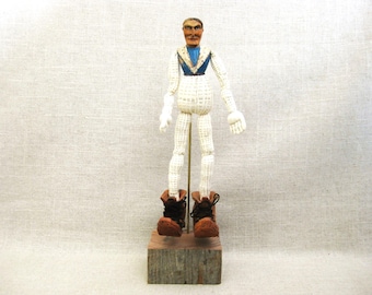 Folk Art Female Figure Portrait Sculpture, Textile Assemblage Primitive Doll Hand Carved Wood