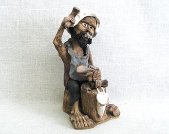 Studio Ceramic Male Figure Sculpture, Paulino Mamani, Vintage Cobbler Portrait, OOAK Pottery Figure Housewarming
