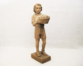 Vintage Folk Art Male Figure Wood Carving Portrait Sculpture, Boy with Basket Rustic Cabin Décor