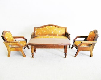Vintage Doll House Sofa and Chairs, Miniature Wooden Furniture, 70s Traditional, Orange Floral, Mid-Century Toys