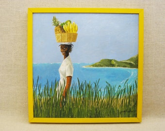 Tropical Female Portrait Painting, Original Seaside Landscape Framed Wall Art, Beach House Home Décor St. Croix