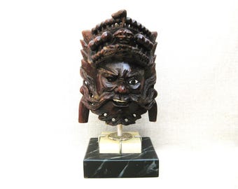 Carved Asian Mask Sculpture, Wooden Folk Art Figure Portrait Mounted on Base Exotic Home Décor Housewarming Gift