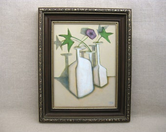 Contemporary Original Still Life Floral Painting, Vases w Flowers Framed Modern Housewarming Gift