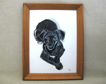 Black Dog Portrait Painting, Original Pet Portrait Framed Wall Art Animal Lover
